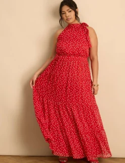 Polka Dot Halter Neck Maxi Waisted Dress