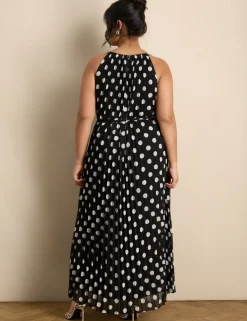 Polka Dot Halter Neck Pleated Maxi Column Dress