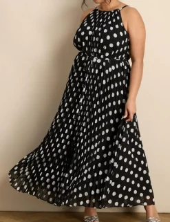 Polka Dot Halter Neck Pleated Maxi Column Dress