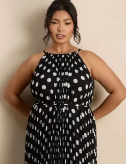 Polka Dot Halter Neck Pleated Maxi Column Dress
