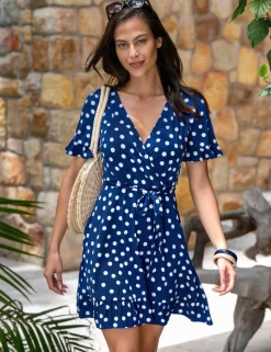 Polka Dot Jersey Wrap Front Dress
