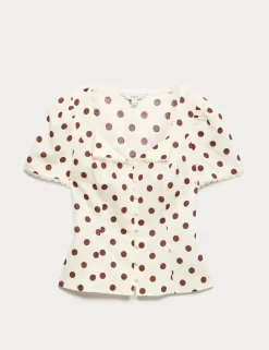 Polka Dot Lace Detail Button Through Top
