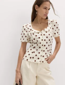 Polka Dot Lace Detail Button Through Top