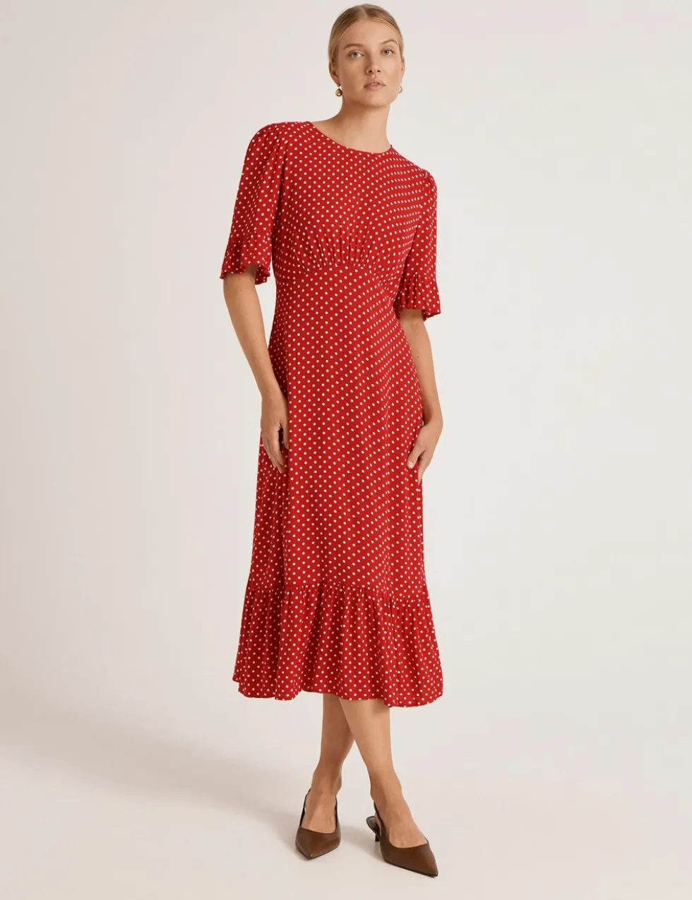 Polka Dot Round Neck Midi Tea Dress