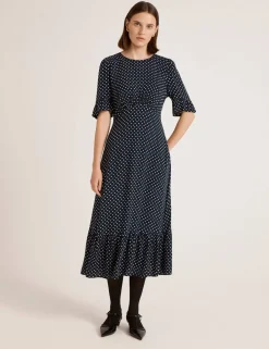 Polka Dot Round Neck Midi Tea Dress
