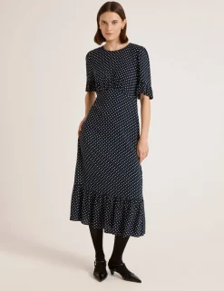 Polka Dot Round Neck Midi Tea Dress
