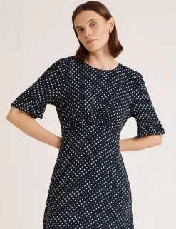 Polka Dot Round Neck Midi Tea Dress