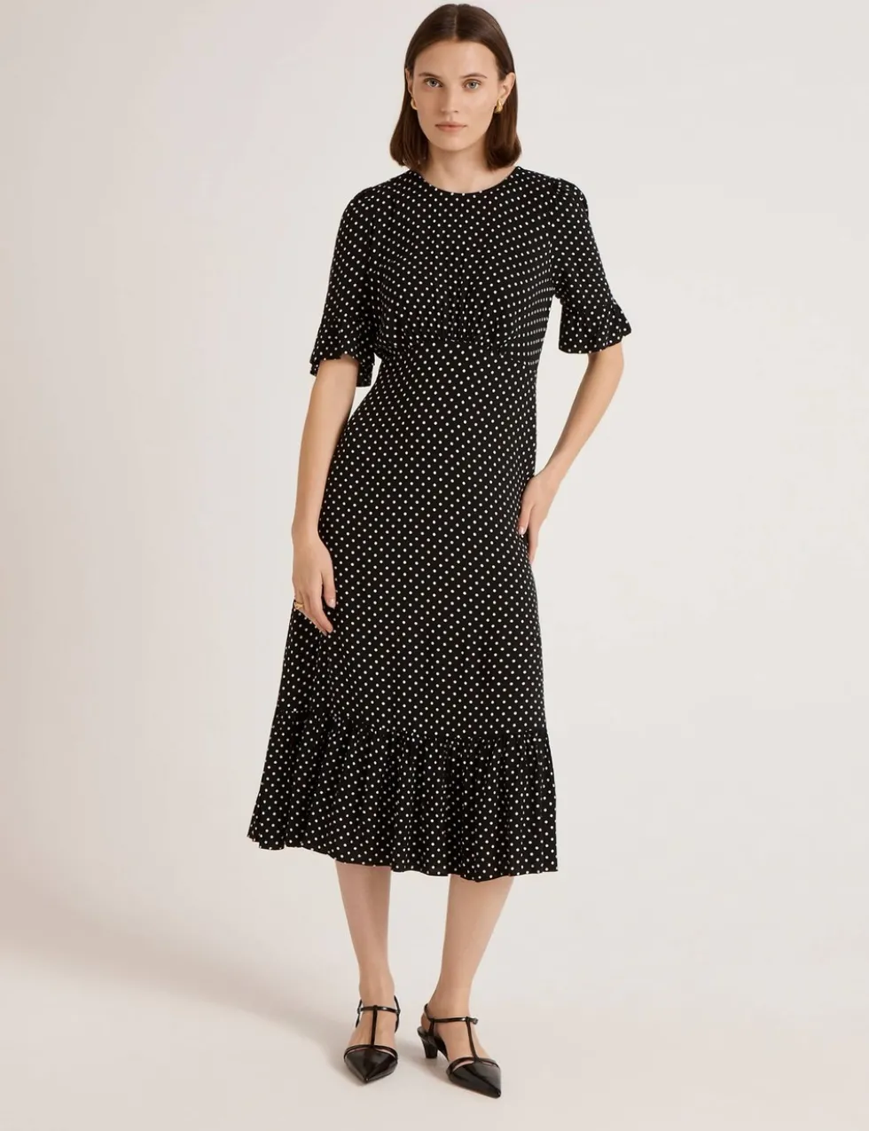 Polka Dot Round Neck Midi Tea Dress