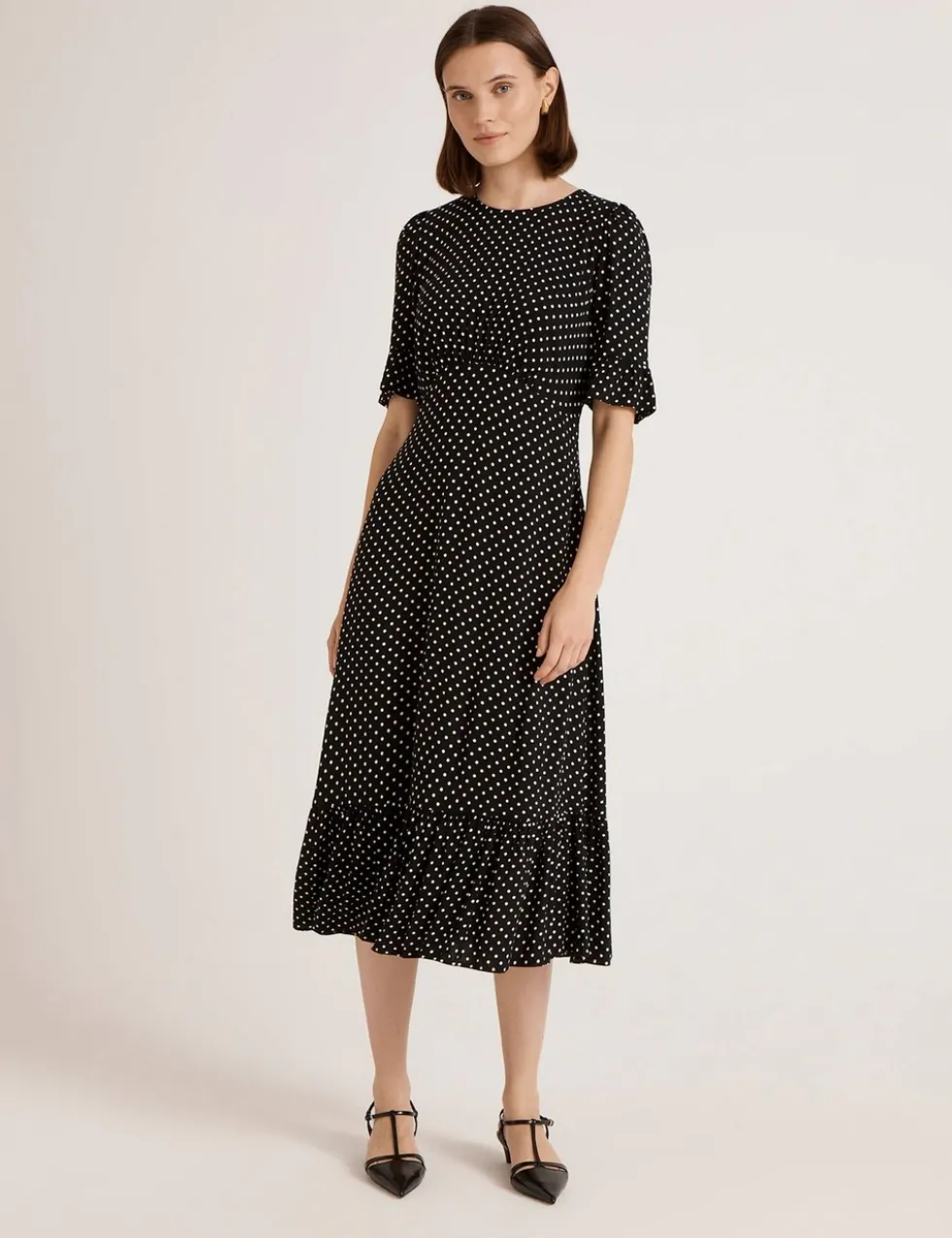 Polka Dot Round Neck Midi Tea Dress