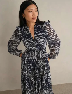 Polka Dot Ruffle Knee Length Wrap Dress