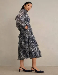 Polka Dot Ruffle Knee Length Wrap Dress