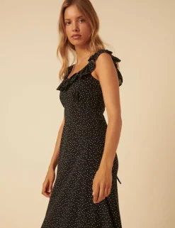 Polka Dot Ruffle Neck Midi Slip Dress