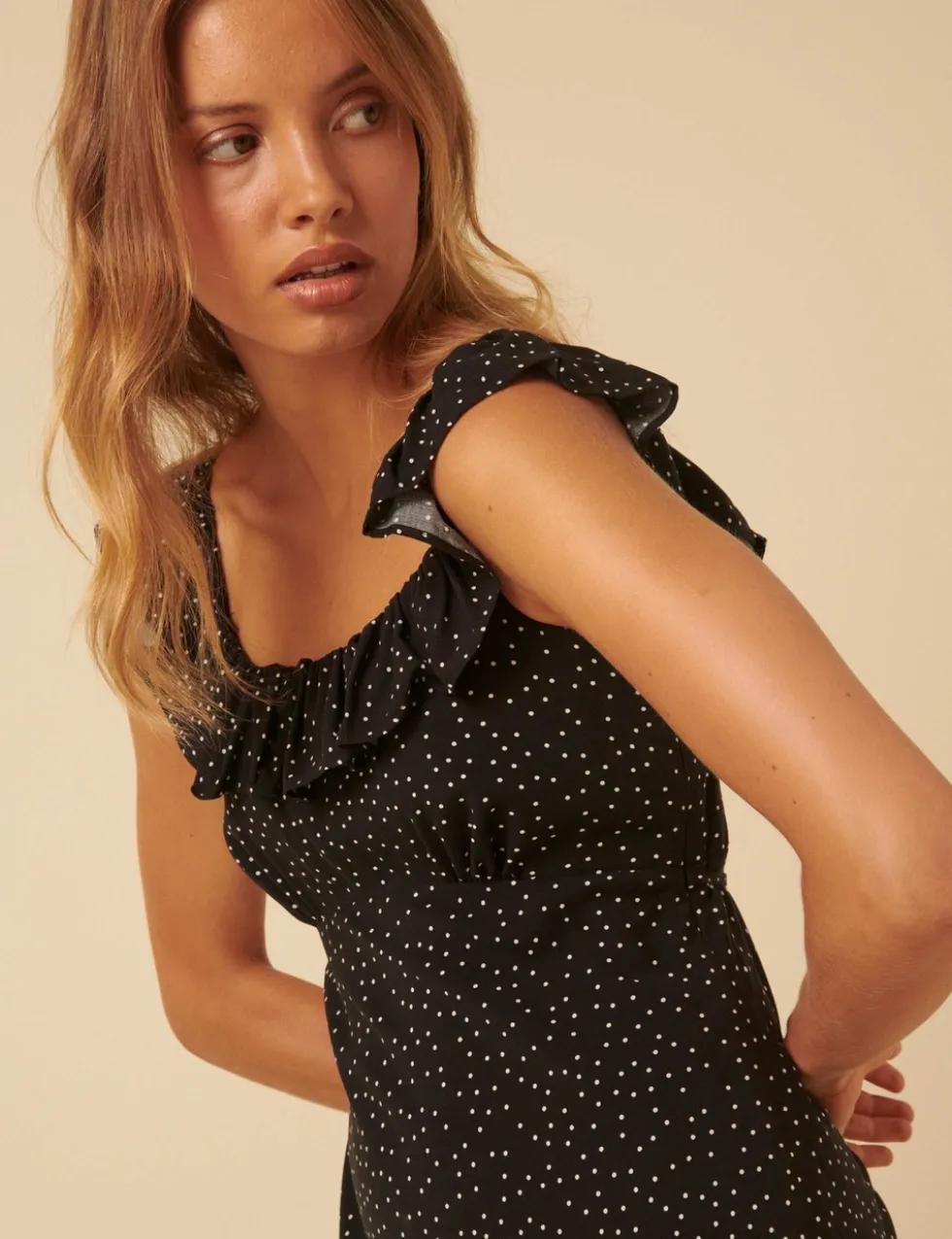 Polka Dot Ruffle Neck Midi Slip Dress