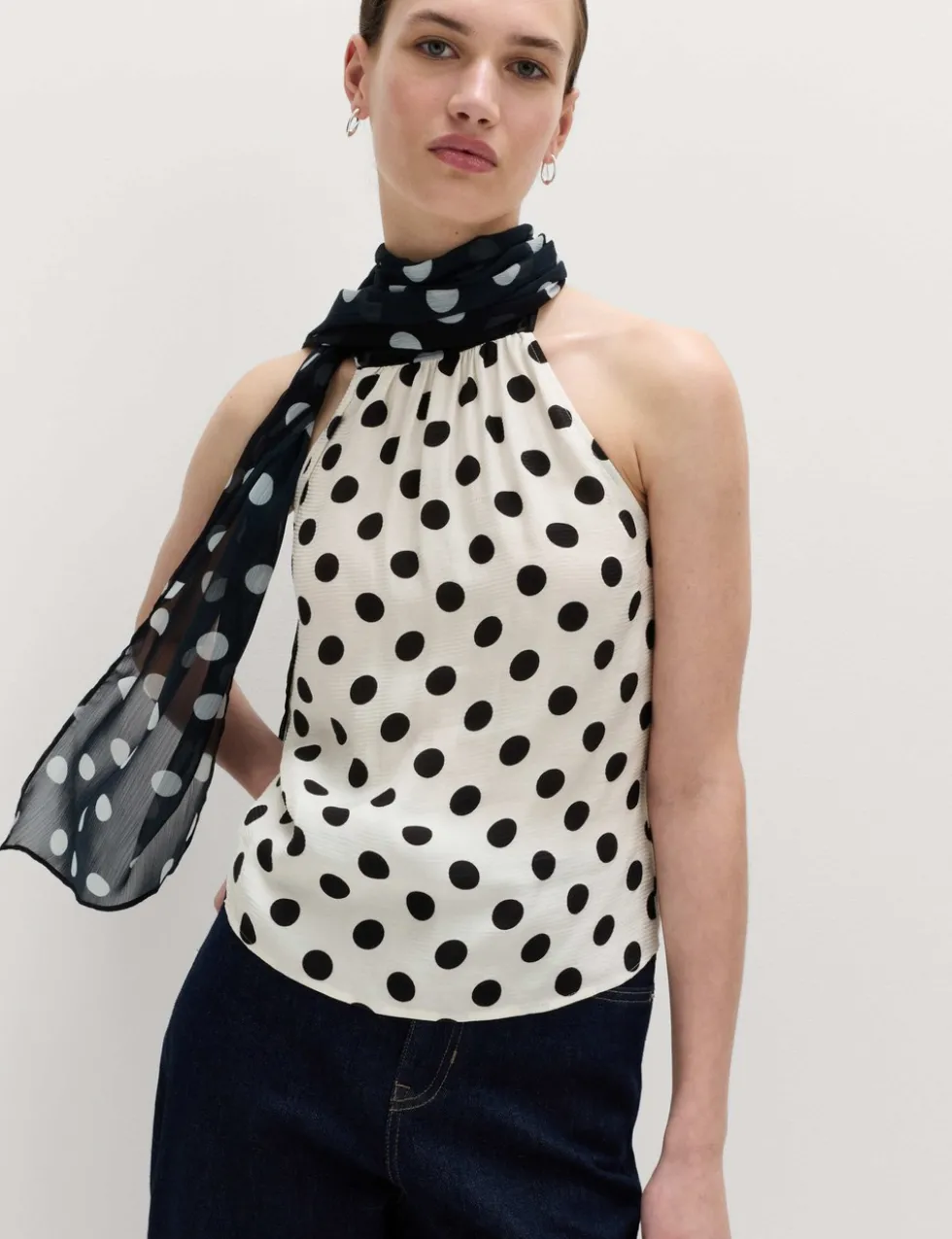 Polka Dot Scarf Detail Top