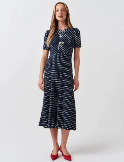 Polka Dot Tie Detail Midi Tea Dress