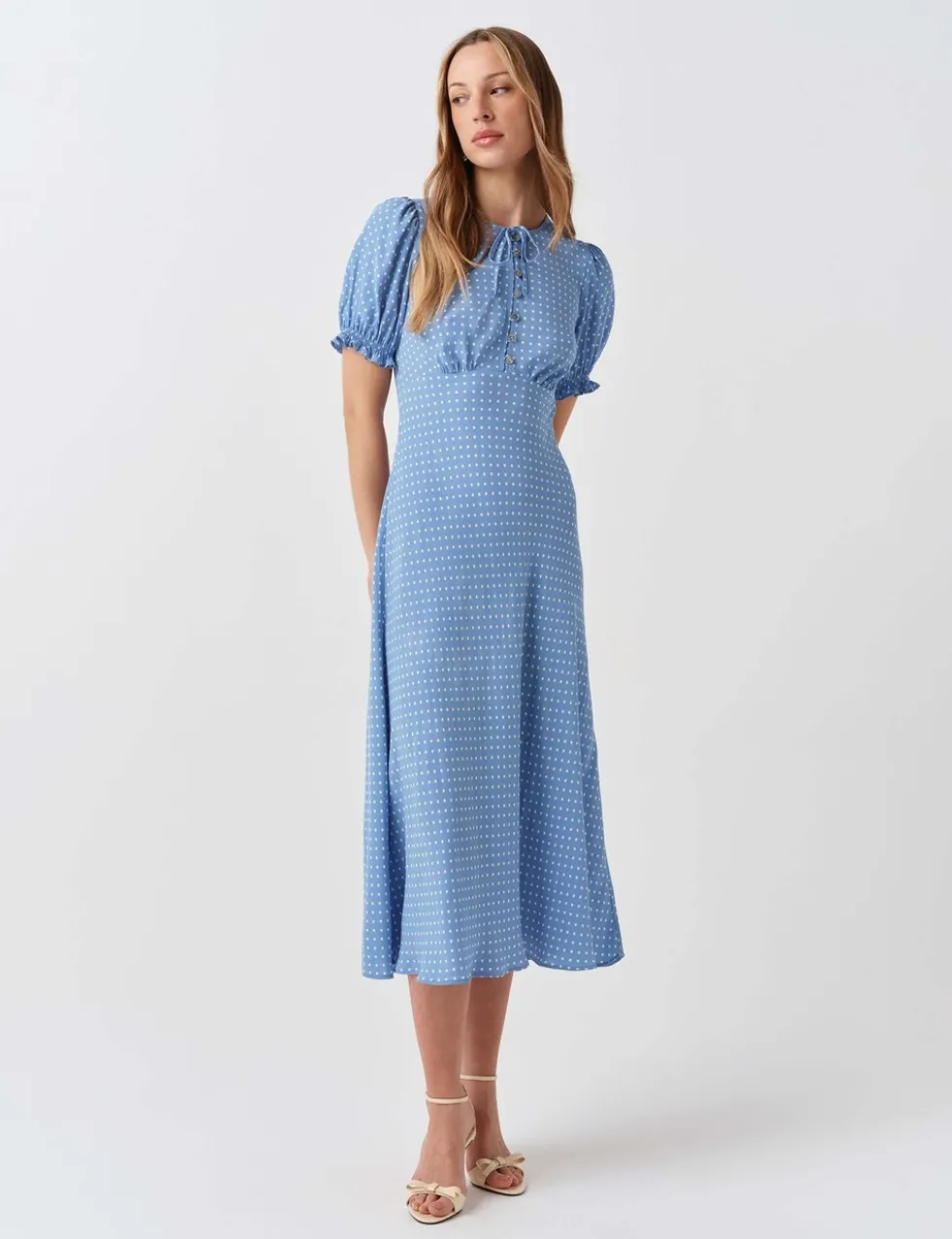 Polka Dot Tie Neck Midi Tea Dress