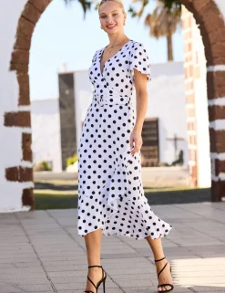 Polka Dot V-Neck Belted Midi Wrap Dress