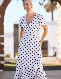 Polka Dot V-Neck Belted Midi Wrap Dress