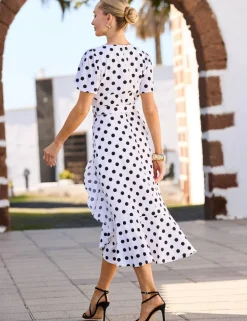 Polka Dot V-Neck Belted Midi Wrap Dress