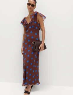Polka Dot V-Neck Frill Sleeve Midi Column Dress