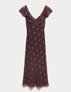 Polka Dot V-Neck Frill Sleeve Midi Column Dress