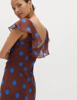 Polka Dot V-Neck Frill Sleeve Midi Column Dress