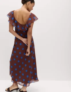 Polka Dot V-Neck Frill Sleeve Midi Column Dress