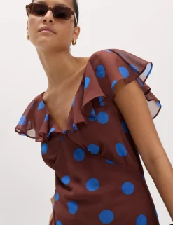 Polka Dot V-Neck Frill Sleeve Midi Column Dress