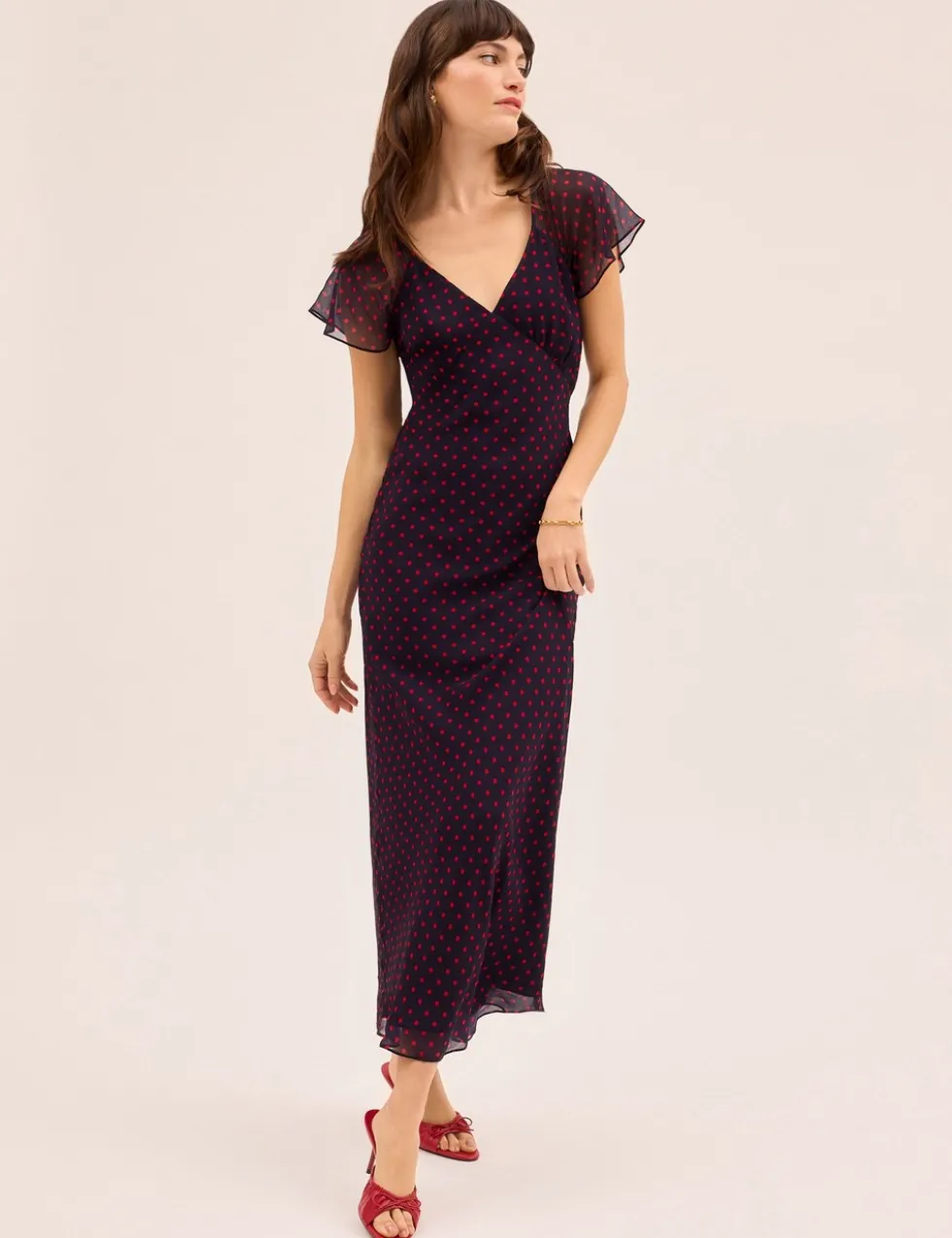 Polka Dot V-Neck Midi Tea Dress
