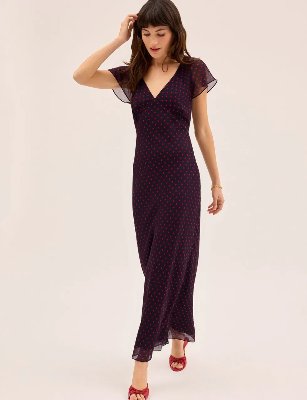 Polka Dot V-Neck Midi Tea Dress