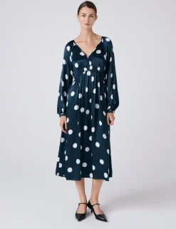 Polka Dot V-Neck Midi Wrap Dress