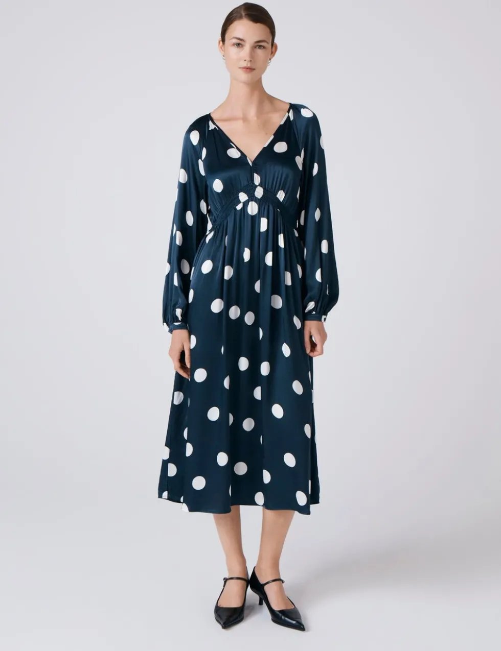 Polka Dot V-Neck Midi Wrap Dress