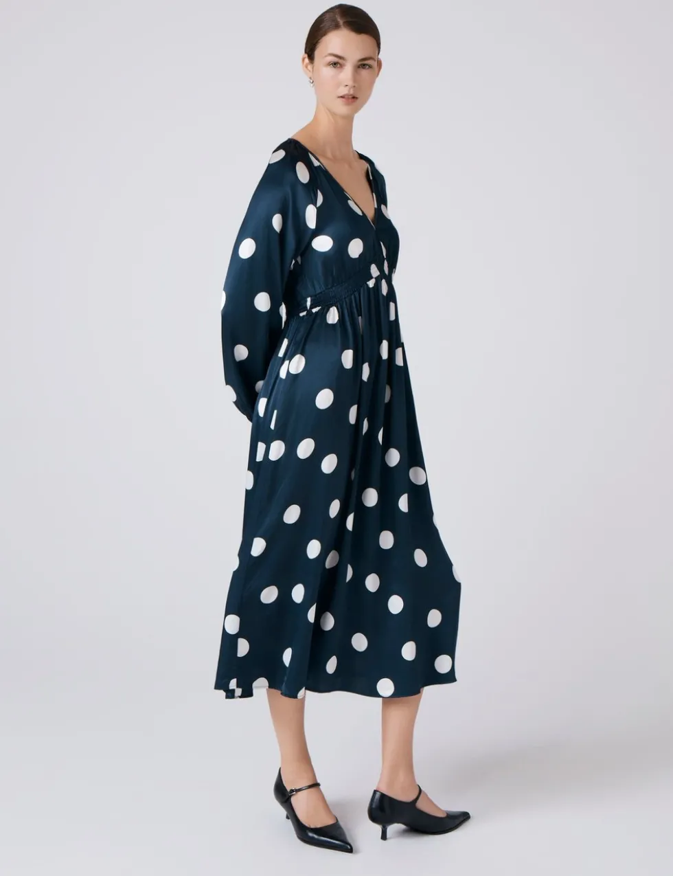 Polka Dot V-Neck Midi Wrap Dress