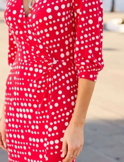Polka Dot V-Neck Midi Wrap Dress