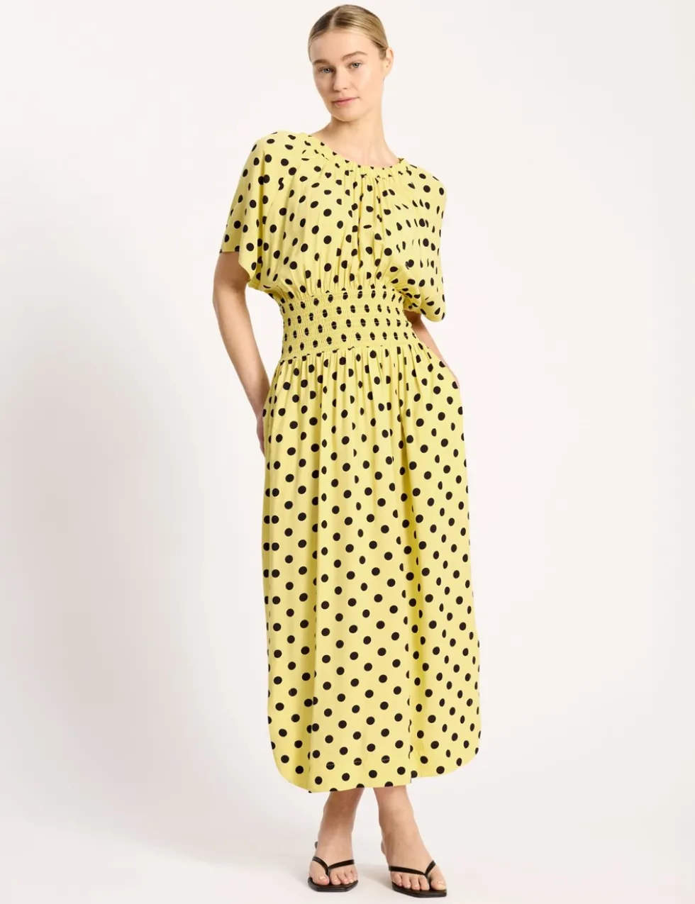Polka Dot V-Neck Shirred Midi Waisted Dress