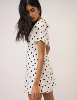 Polka Dot V-Neck Tie Detail Mini Tea Dress