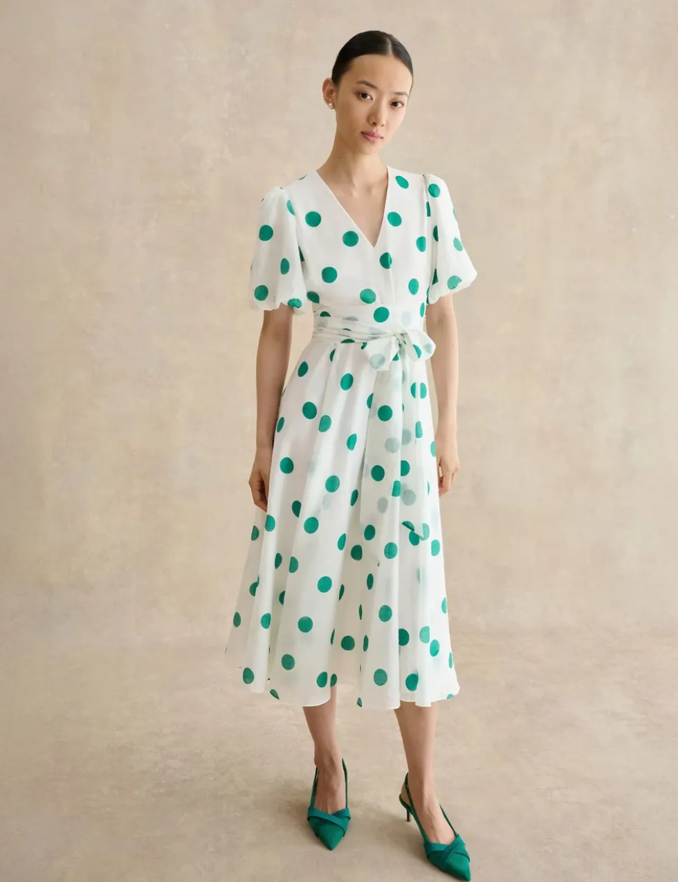 Polka Dot V-Neck Tie Waist Midi Skater Dress