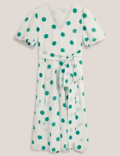 Polka Dot V-Neck Tie Waist Midi Skater Dress