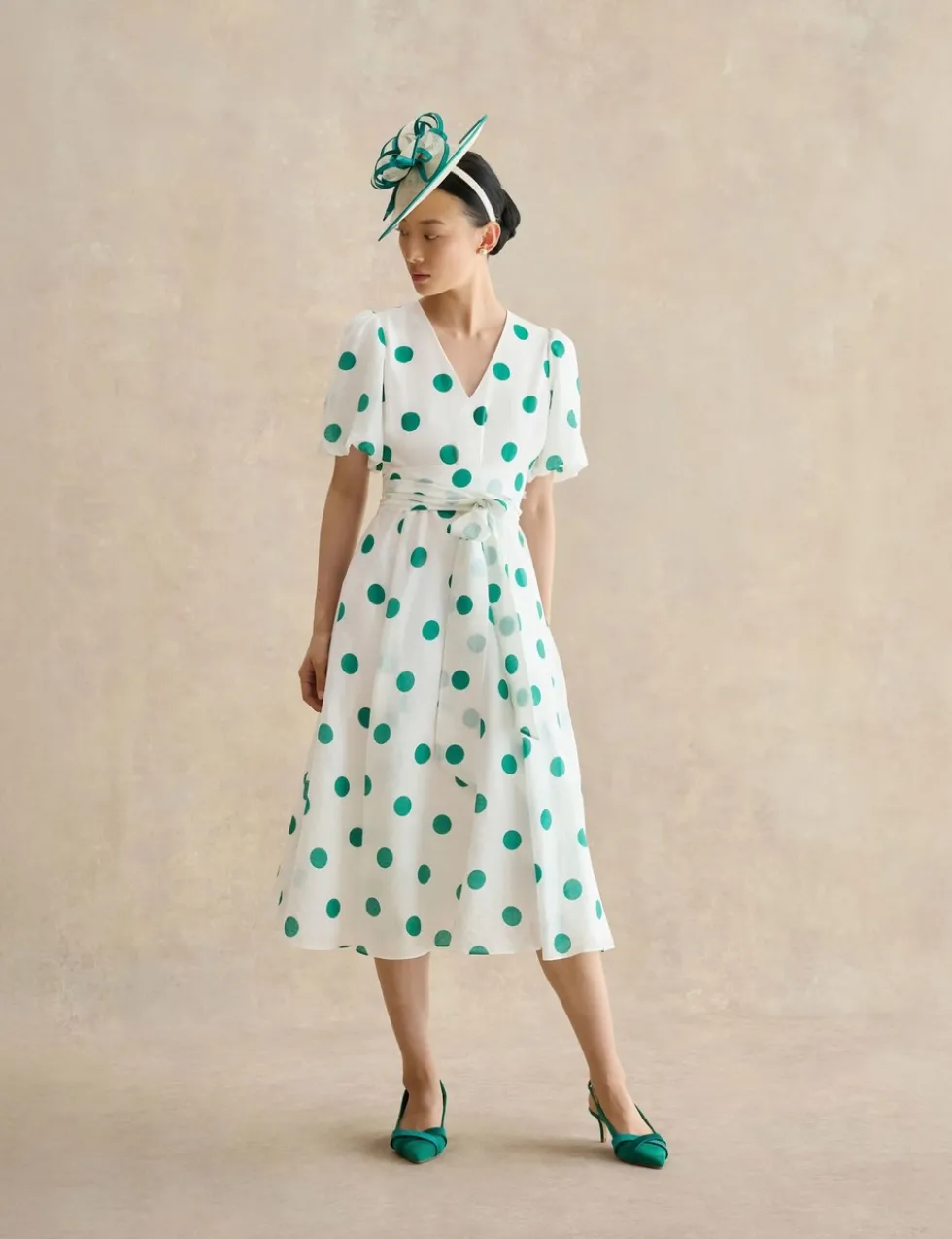 Polka Dot V-Neck Tie Waist Midi Skater Dress