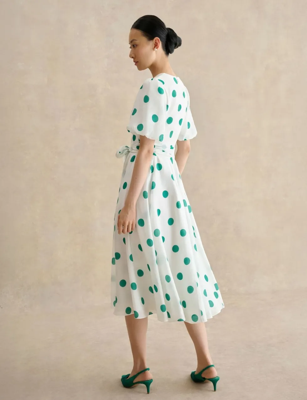 Polka Dot V-Neck Tie Waist Midi Skater Dress