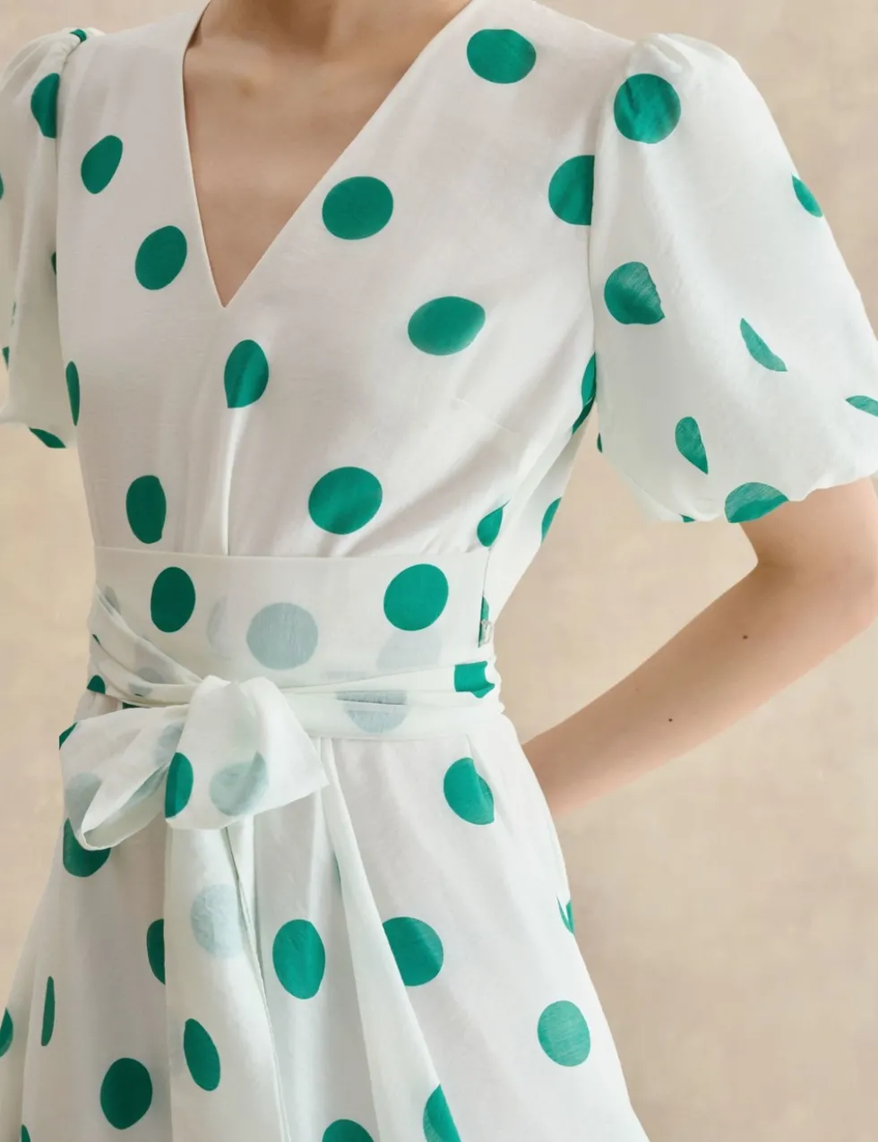 Polka Dot V-Neck Tie Waist Midi Skater Dress
