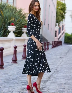 Polka Dot V-Neck Twist Front Skater Dress
