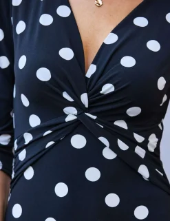 Polka Dot V-Neck Twist Front Skater Dress