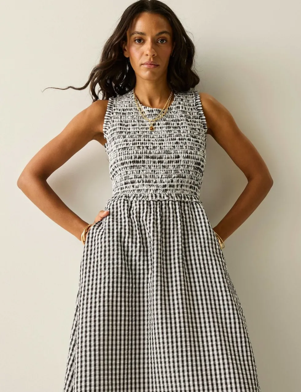 Poloma Gingham Midi Shirred Dress