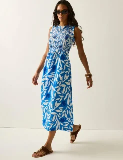 Poloma Leaf Print Midi Shirred Dress
