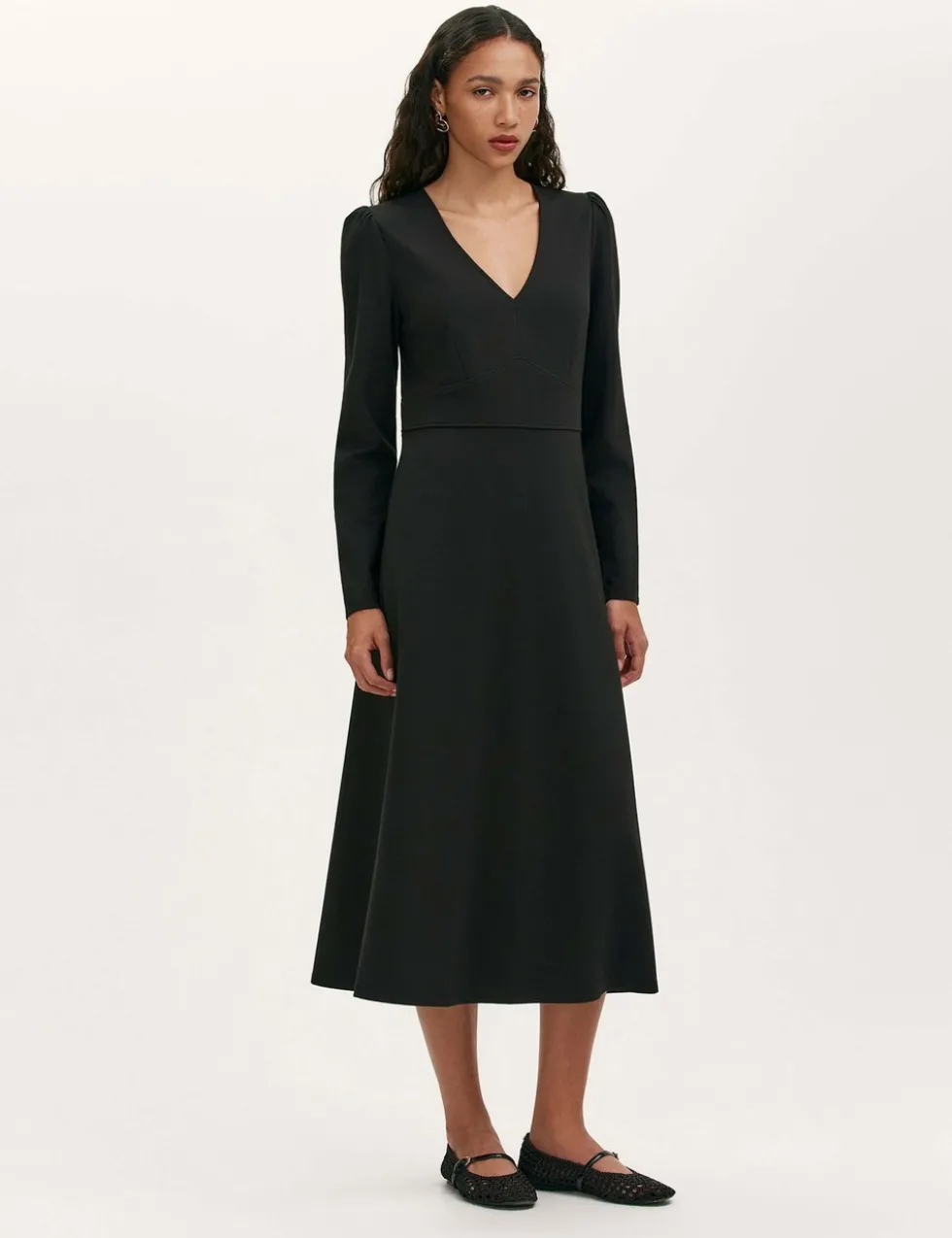 Ponte Jersey V-Neck Midi Waisted Dress