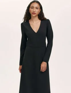 Ponte Jersey V-Neck Midi Waisted Dress