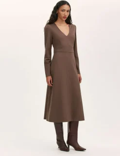 Ponte Jersey V-Neck Midi Waisted Dress