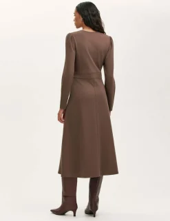 Ponte Jersey V-Neck Midi Waisted Dress
