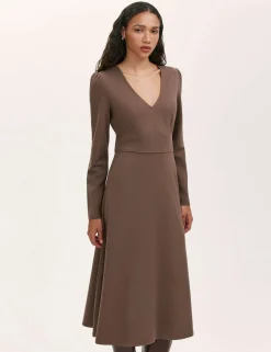 Ponte Jersey V-Neck Midi Waisted Dress